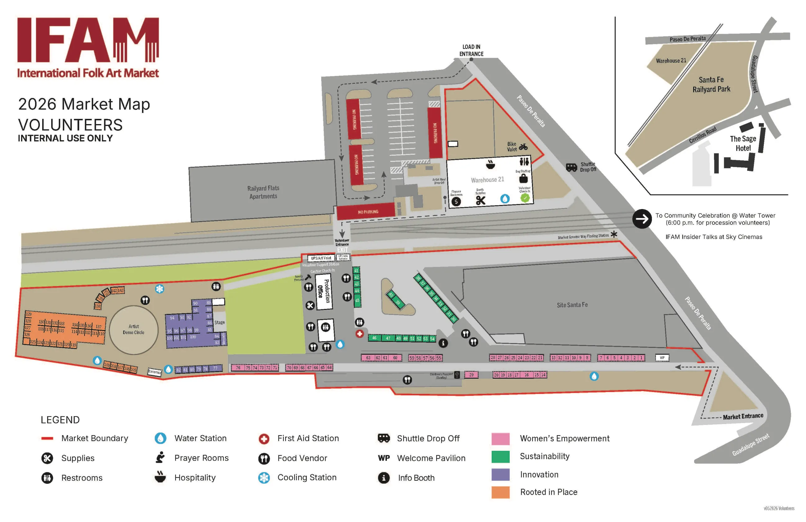 Official IFAM 2026 market map of Railyard Park with numbered booths